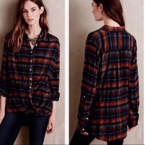 Anthropologie Isabella Sinclair Plaid Twisted Button Down Blue Orange XS Womens - Picture 1 of 14